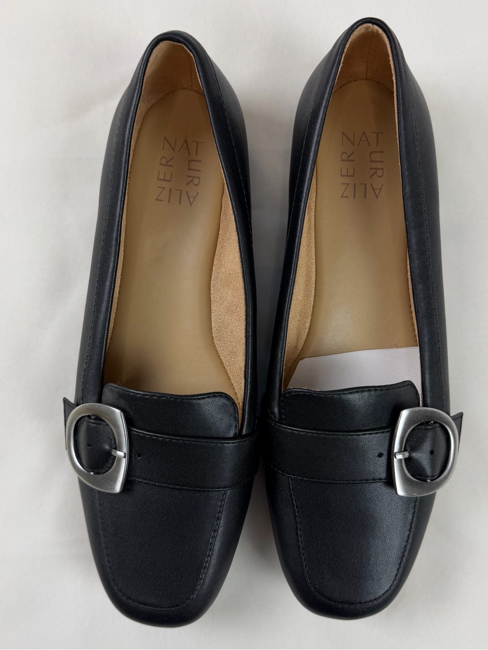 Naturalizer Black Leather Loafers with Silver Buckle